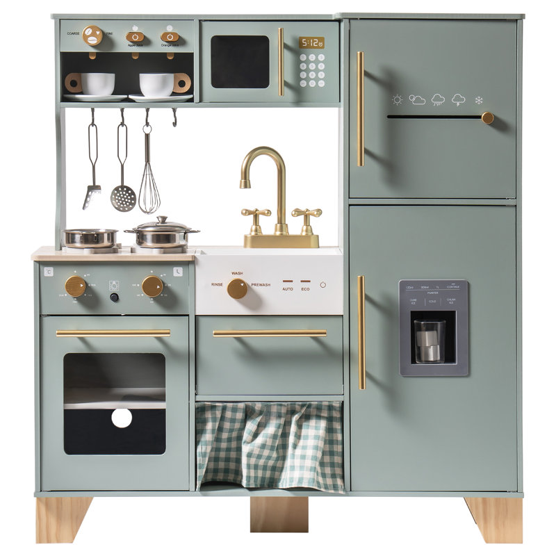 Wooden Play Kitchen & Accessories Set, Preschool Kitchen Set, Modern Kitchen Playset with light, Green