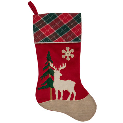 Chaussette de Noël à motif écossais rouge et vert 20,5 pouces avec pin et orignal