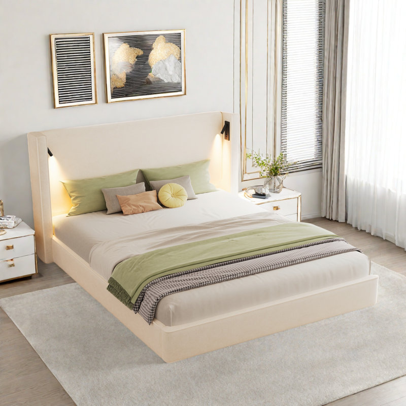 Structure de lit tapissier avec tête de lit haute à oreilles, lampes de lecture et port USB, Roi