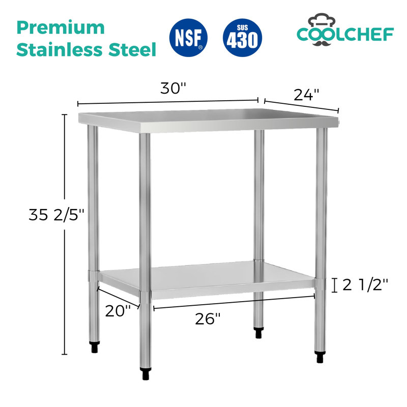 Table de travail commerciale en acier inoxydable de calibre 18, 35.4" H x 30" L x 24" W