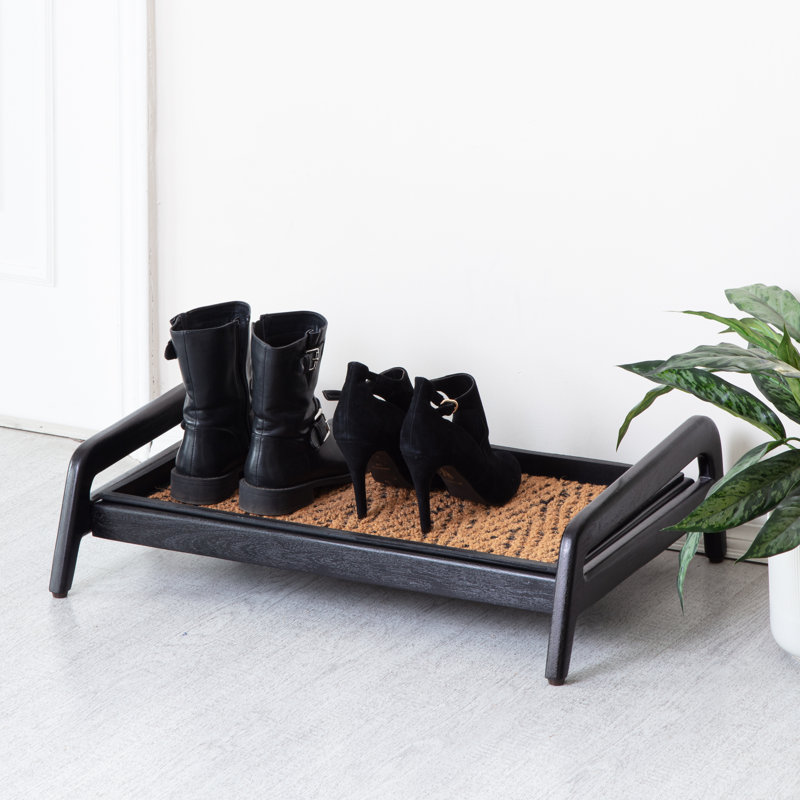 Premium Solid Wood Boot Tray Stand with Natural Coir Mat - Entryway & Mudroom Shoe Organizer, 18.5" W x 26.5" L, Black