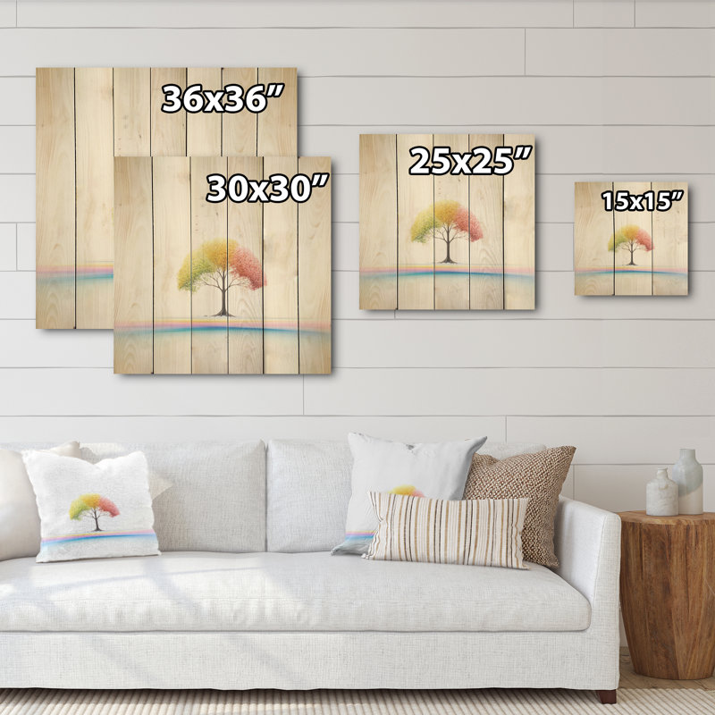 Minimalisme, arcs-en-ciel, arbre de répit minimaliste sur bois de pin naturel, H 15 po x l 15 po