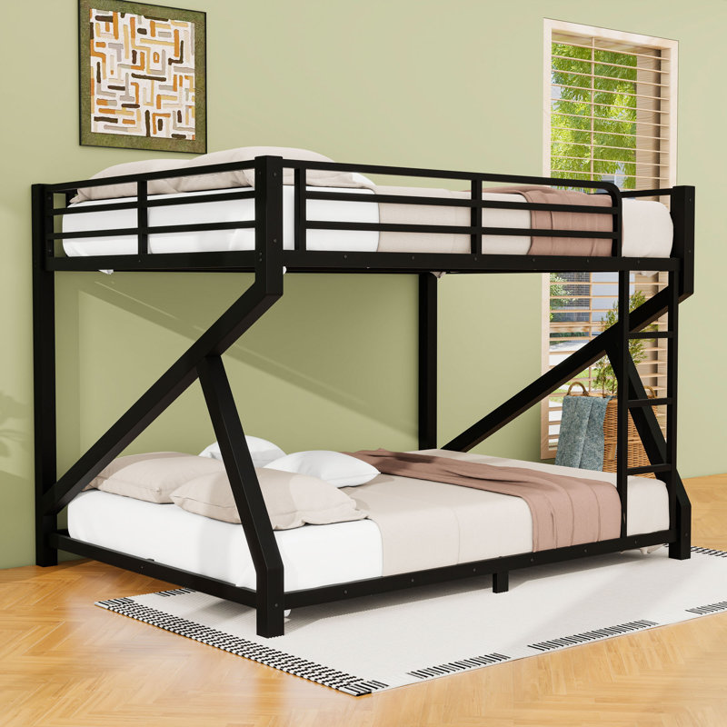 Metal Bunk Bed with Ladder and Guardrails, Queen Over Queen