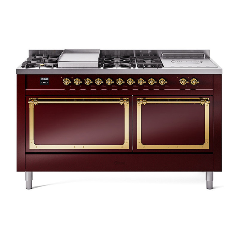 ILVE Nostalgie II Noblesse 60 in Dual Fuel Range 7 Burner, Griddle, Frenchtop, Liquid Propane, Burgundy/Brass