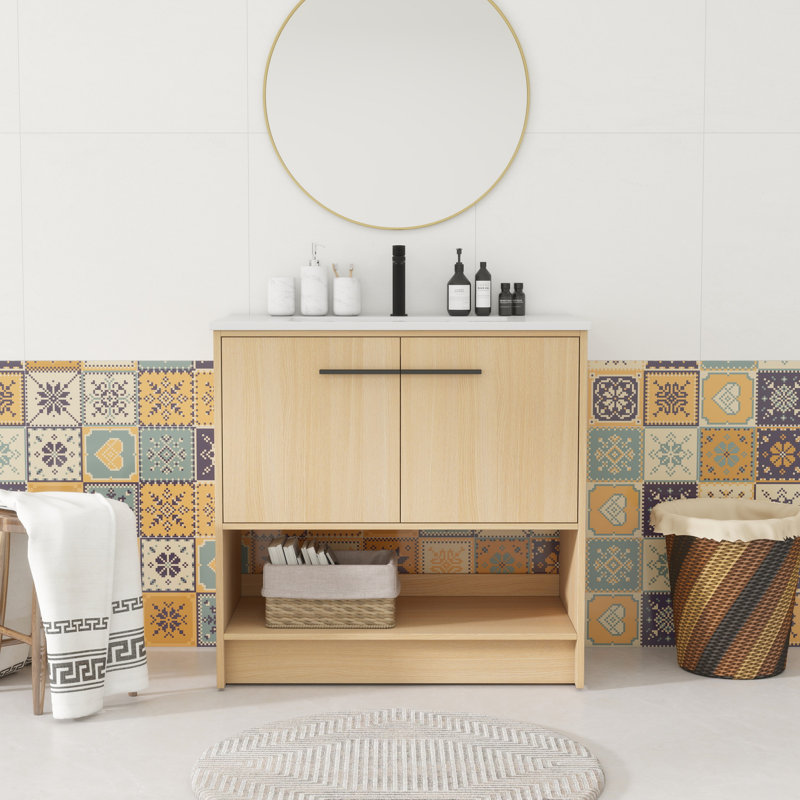 Meuble-lavabo 36 po avec lavabo en céramique, Chêne / noir, 36"