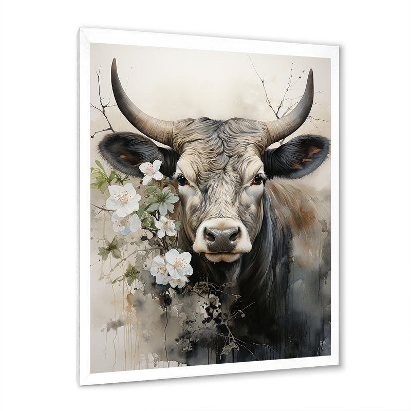 Baylian, art asiatique, vache Sumi X, H 44 po x l 34 po x P 1,5 po, Cadre photo blanc