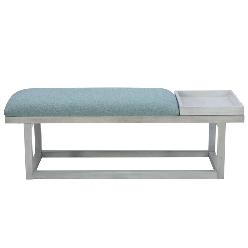 Upholstered Bench with Removable Tray, Aqua/White