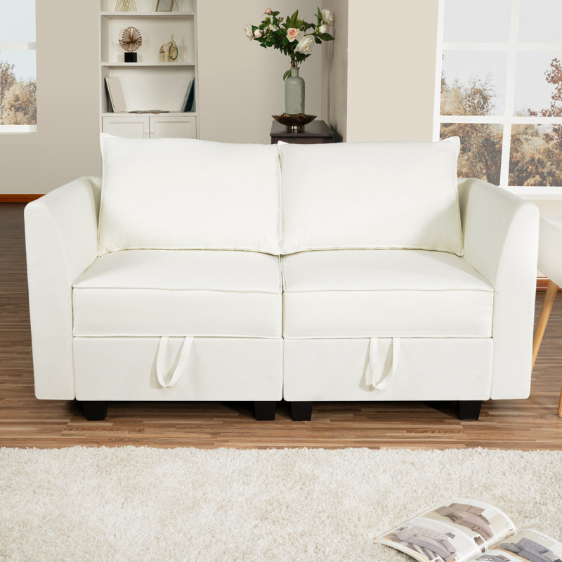 Emeth Linen Modular loveseat Sofa with Sturdy Wooden Frame, Ideal for Small Spaces, White 100% Linen