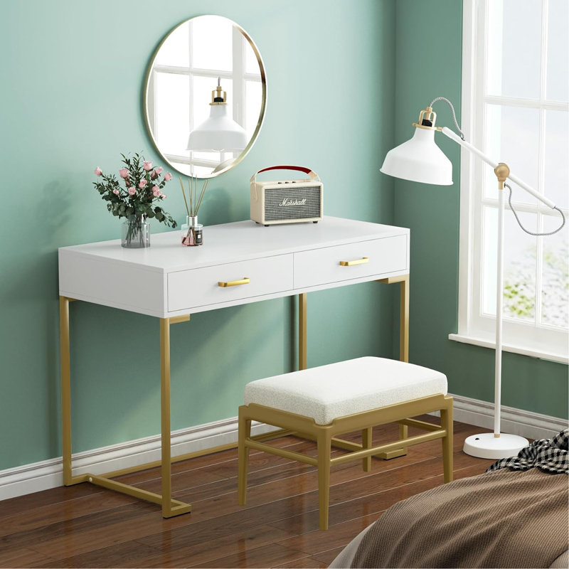 Bureau d'ordinateur 40 po blanc et doré avec 2 tiroirs, bureau moderne à domicile, table d'écriture compacte, meuble-lavabo pour chambre à coucher, bureau ou petits espaces, structure en métal, style minimaliste