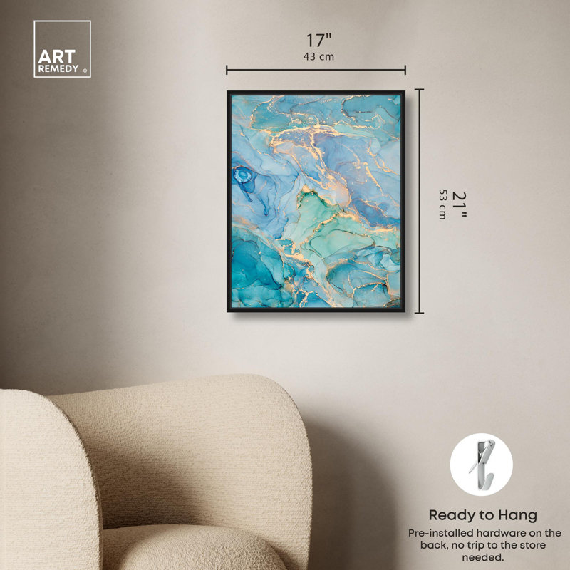 «Jupiter Inks», art mural moderne bleu abstrait par Everly Quinn, H 21 po x l 17 po, Cadre noir
