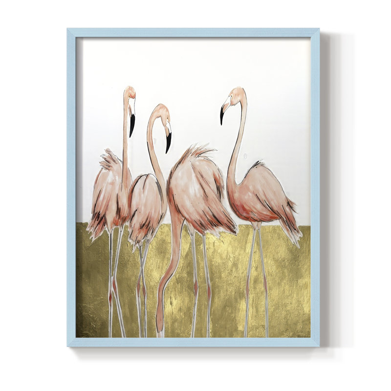 Flamant rose I, reproduction encadrée - bois massif, H 30 po x l 24 po, Bleu