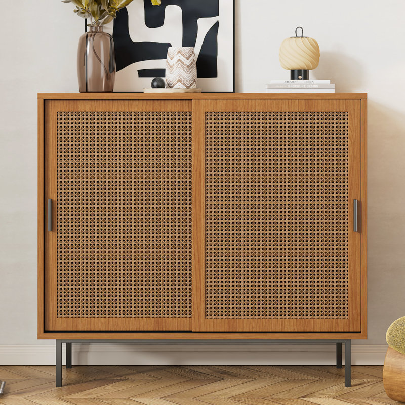 Sideboard with 2-Sliding Rattan Barn Doors & Adjustable Shelves