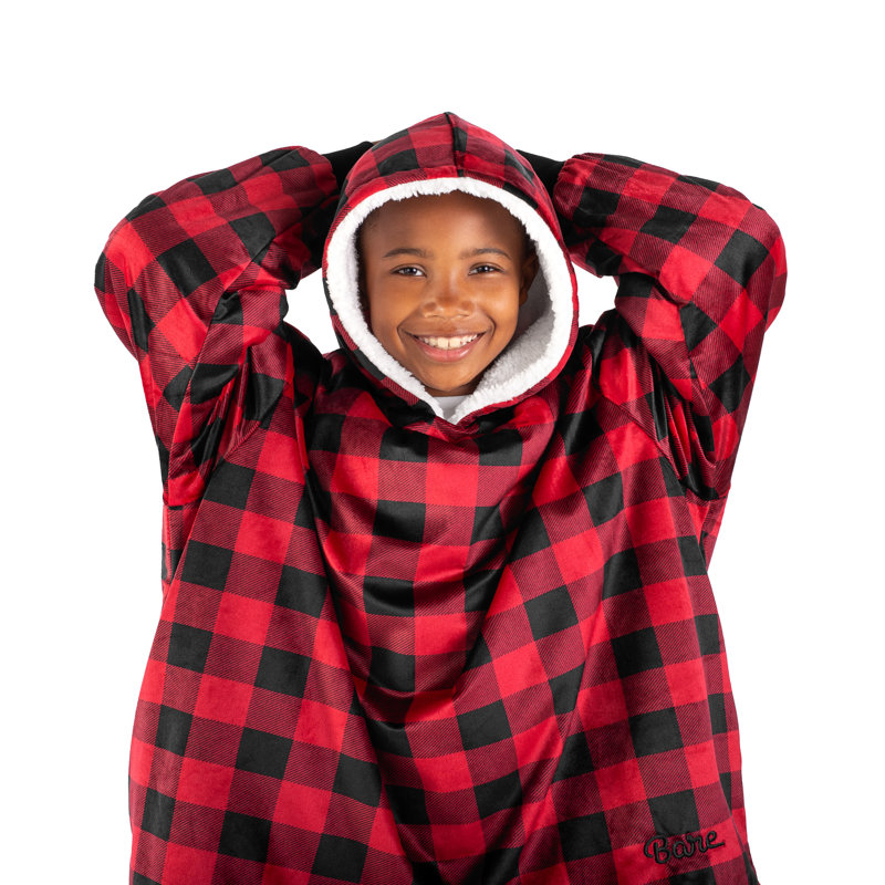 Couverture en sherpa à capuche portable, Carreaux Buffalo - rouge / noir, Jeunesse