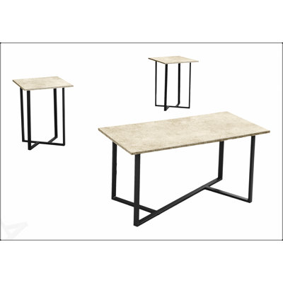 Stylish 3-Piece Table Set with Cream Stone Laminate and Black Metal Base, Perfect for Modern Living Rooms
