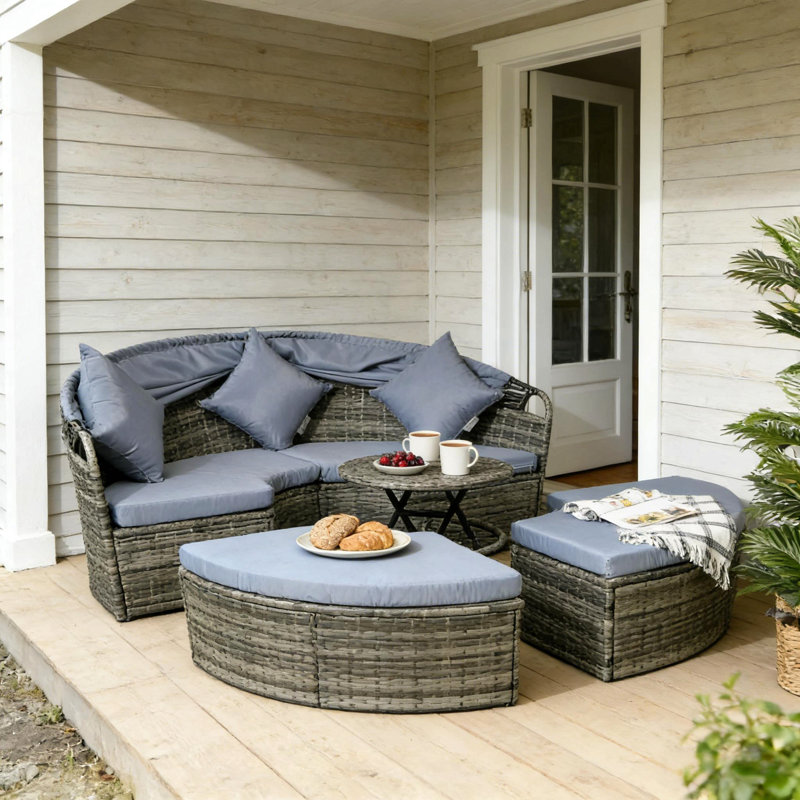 Poolside Conversation Set,Patio Sectional Furniture Set,4 Piece Round Rattan Daybed, Blue, Gray