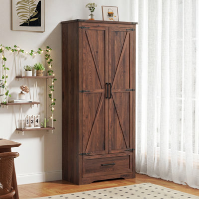 72" Farmhouse Kitchen Pantry Cabinet - Wood Tall Kitchen Storage Cabinet With Adjustable Shelves And 2 Barn Doors & Drawer