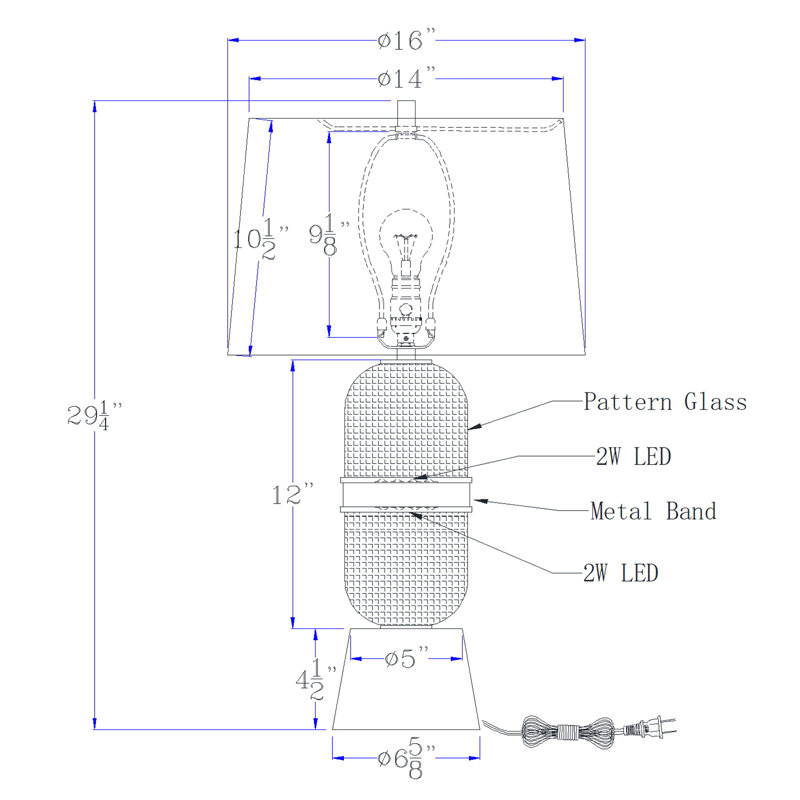 100W Sesto glass table lamp with 4W LED (top and bottom) night light and hardback fabric shade