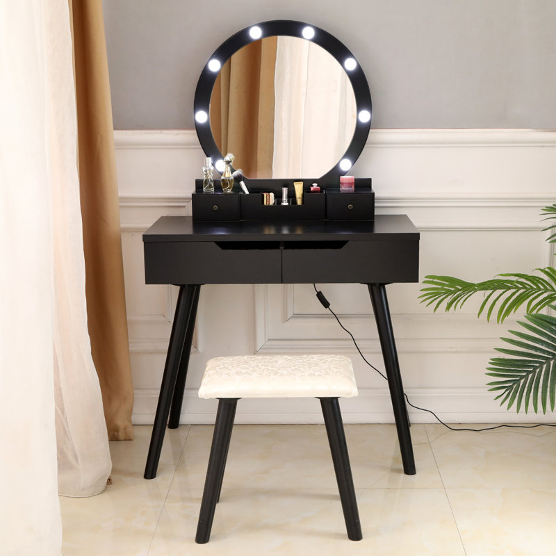 Ensemble coiffeuse avec tabouret et miroir Sikeston, Noir