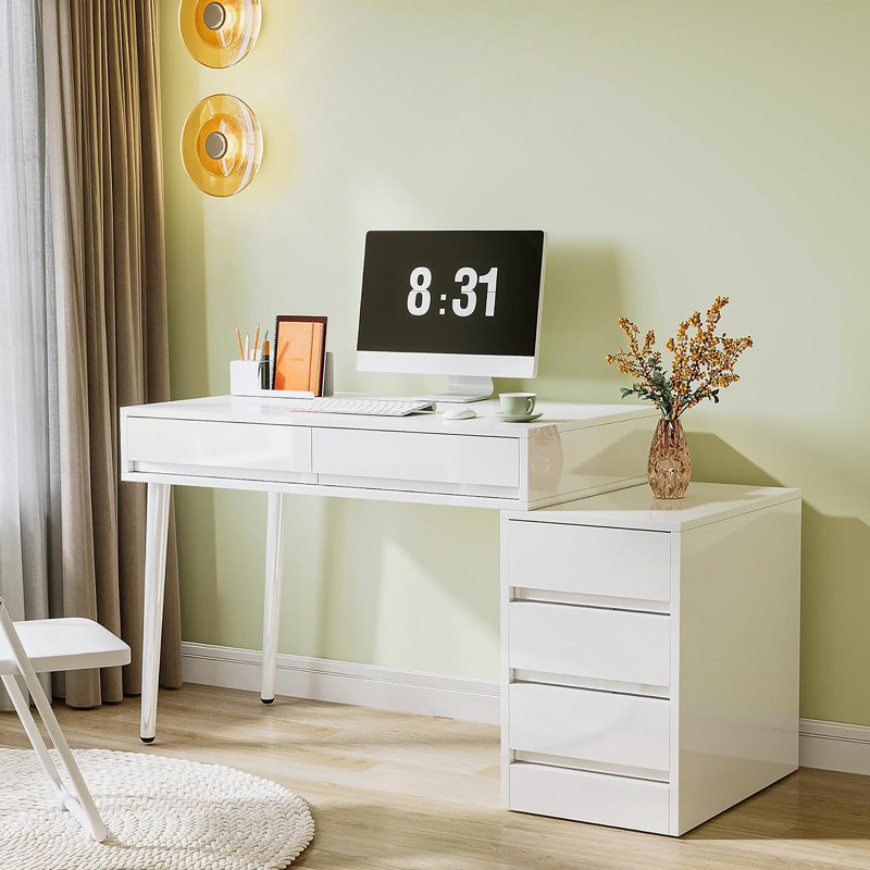 Bureau 39,37 pouces blanc brillant moderne avec 5 tiroirs et support pour imprimante, ordinateur de bureau réversible et coiffeuse pour petits espaces