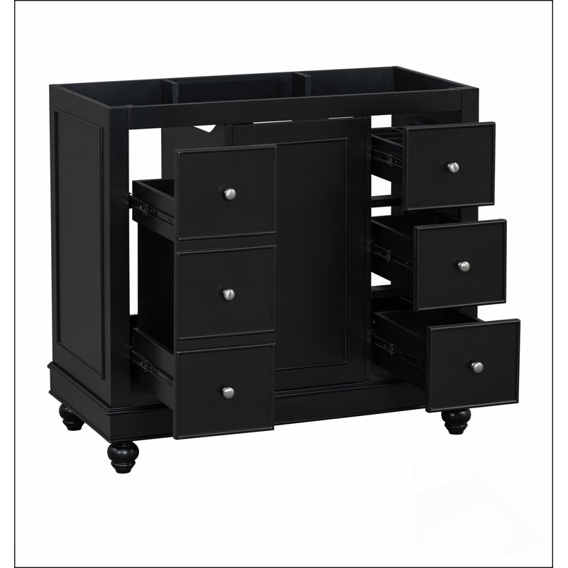 Meuble-lavabo contemporain noir - 36 po x 18 po x 34 po, 4 tiroirs et 1 porte d'armoire, rangement polyvalent, lavabo intégré en résine, tablettes réglables, structure en bois massif avec panneau de fibres à densité moyenne