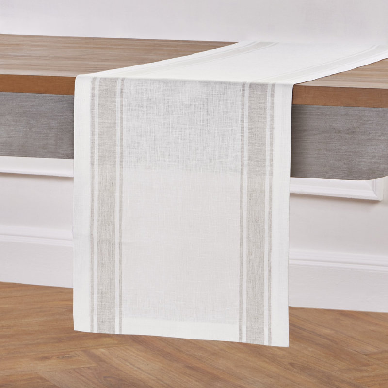 Country Stripe - 100% Pure Linen Table Runner, 60" x 14", White/Natural