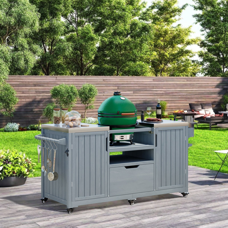Outdoor Grill Cart With Fir Wood Construction, Adjustable Middle Shelf, Ample Storage & Mobility, Spice Rack, Paper Towel Holder, And S-Hooks
