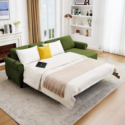 106.5" Pull Out Sofa Bed,L Shaped Modular 4 Seater Couch,2-In-1 Sofa Bed,Wireless Charging , USB Charging Ports,Memory Foam Mattress,Storage Space, Flannelette