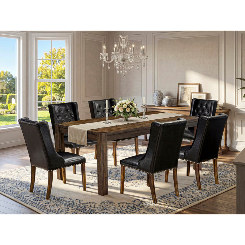 Ensemble de table et chaises de cuisine 7 pièces composé d'une table de salle à manger rectangulaire en bois rustique et de 6 chaises Parsons en similicuir noir patiné