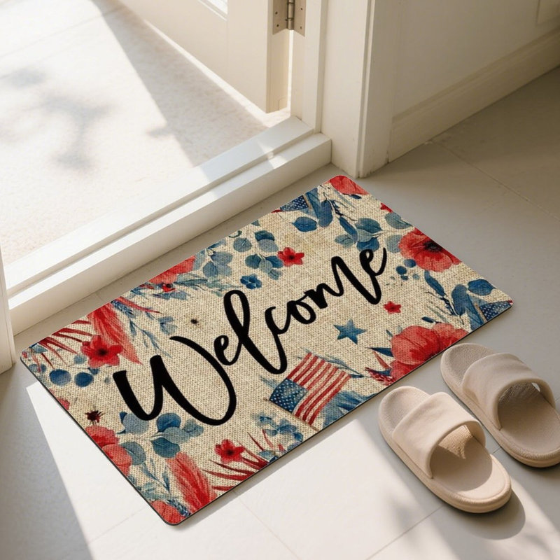 Tapis rouge à motif floral festif, porte avant et terrasse, 24 po x 36 po Festival