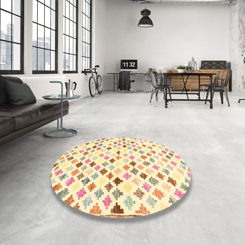 Tapis crème/rose/brun zone contemporaine, Rond 7 pi