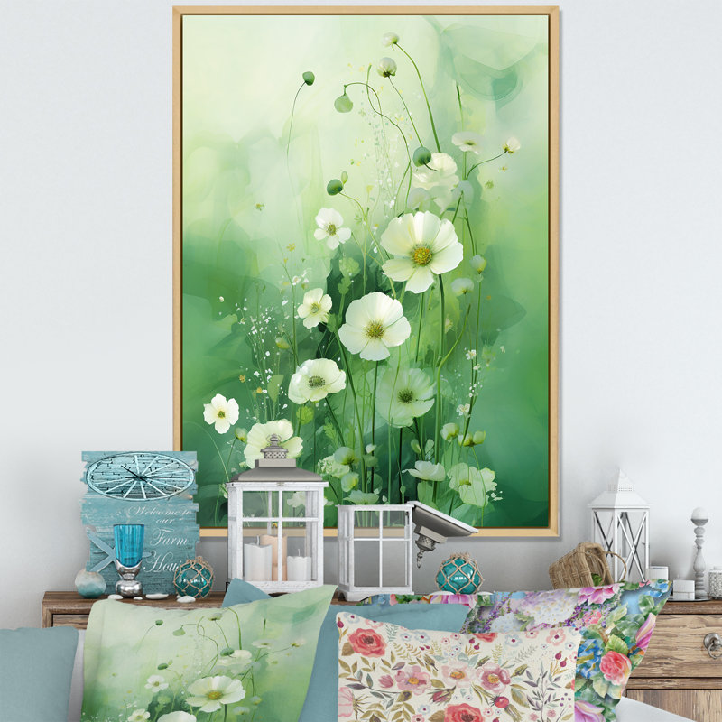 Green and White Seasons Symphony sur toile, H 32 po x l 16 po x P 1 po, Cadre naturel flottant