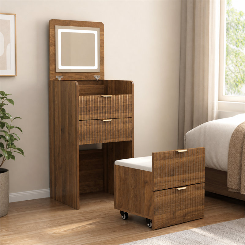 Ensemble de coiffeuse compacte 3 en 1 avec tabouret à roulettes, coiffeuse en noyer avec 3 tiroirs, miroir rabattable avec lumières intégrées pour petite chambre à coucher