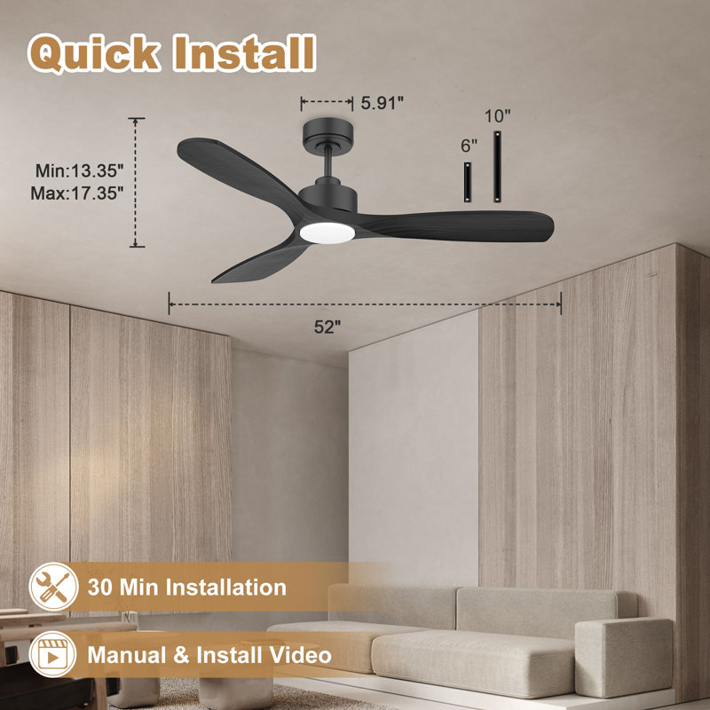 Ventilateur de plafond en bois à 3 pales de 52 po avec lumière, télécommande, WiFi / Alexa, moteur à courant continu silencieux, à intensité variable, intérieur / extérieur