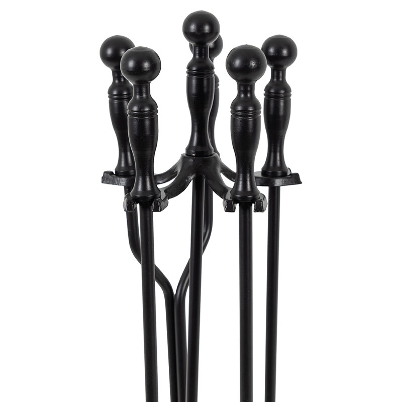Modern Black Steel 5-Piece Fireplace Tool Set with Stand