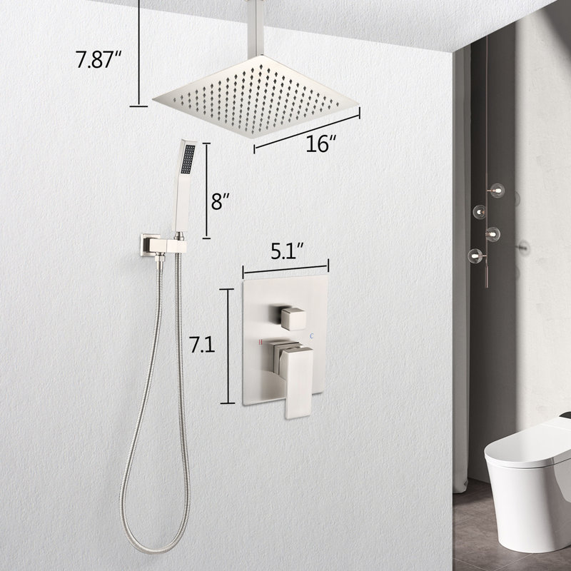 Ensemble de douche à fixation au plafond avec tête de 16 po et à main - Nickel brossé, laiton, réplique de pluie naturelle, buse autonettoyante, conforme aux critères de la norme américaine sur les tuyaux à main, finition nickel,