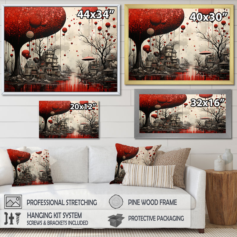Surréalisme rouge et gris surréalisme I, Cadre flottant noir, H 34 po x l 44 po x P 1,5 po