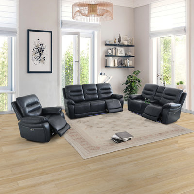 Ensemble de canapé inclinable électrique en cuir 3 pièces avec lumières DEL, ports USB, porte-gobelets et console de rangement, pour le salon / cinéma maison, gris (canapé + causeuse + fauteuil)