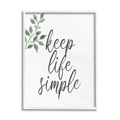 «Keep Life Simple Botanical Sprig Script Calligraphy» par Kim Allen - cadre texturé sur bois