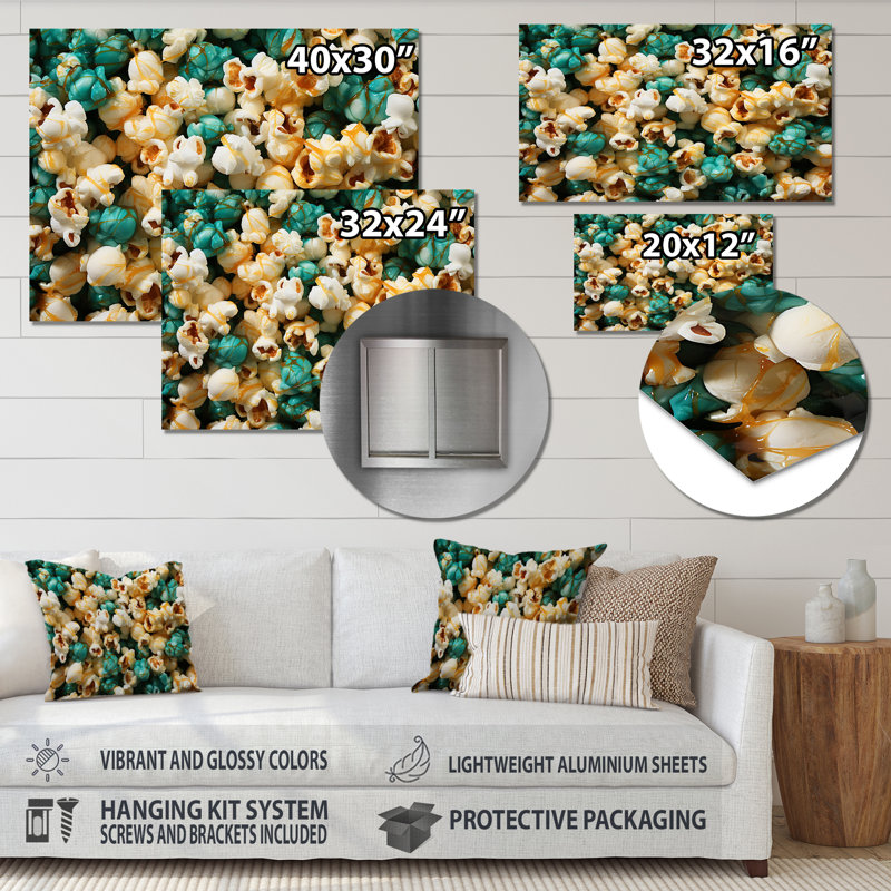 Écran jaune et vert argenté Popcorn Elegance - Art mural en métal Popcorn, H 24 po x l 32 po x P 1 po