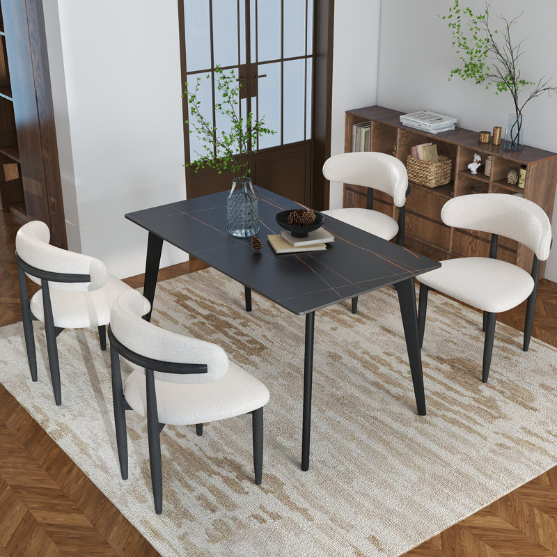 Juvan 5-Piece Modern Rectangular Sintered Stone Dining Table Set With 4 Solid Wood Chairs, Black, Beige/Black, Black