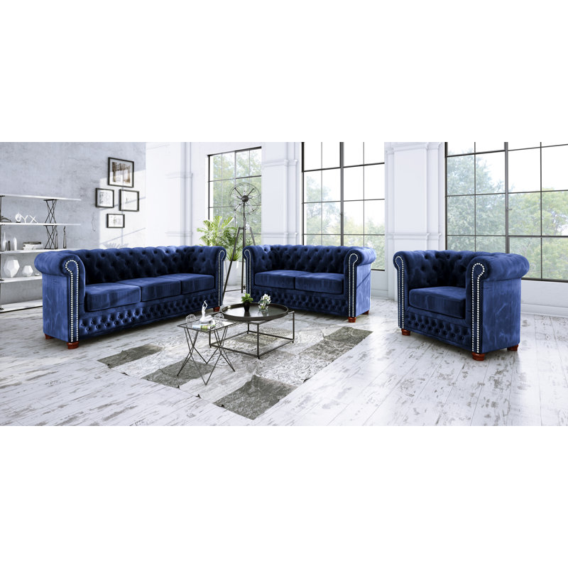 Chesterfield  Sofa 3 Seater Made of Velvet Fabric with Solid Wood Legs, Navy Blue