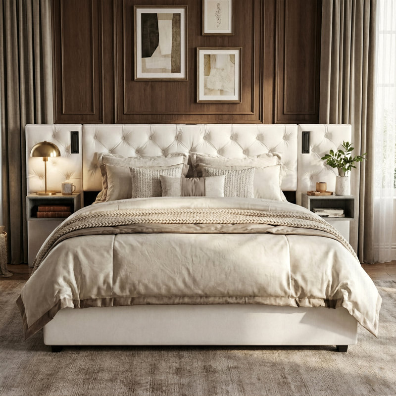 All-in-One Beige Velvet Ottoman Bed With Integrated Nightstands, Reading Lights & USB-C Charging, UK & EU Double & King