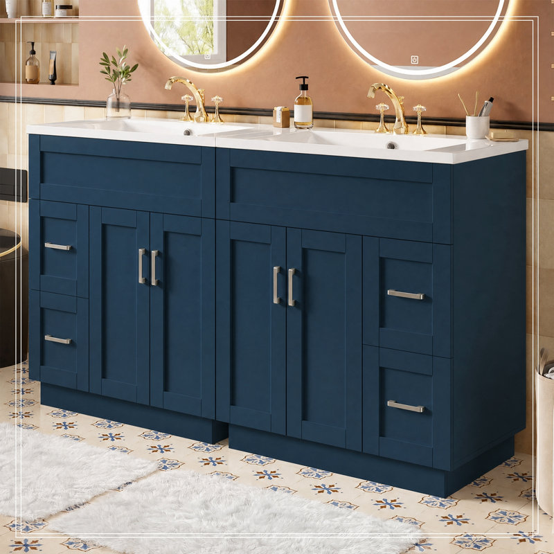 Meuble-lavabo avec 4 portes d'armoire, 4 tiroirs et 2 tablettes réglables, Blue