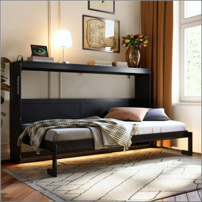 Lit escamotable moderne pliant sur le côté avec motif imprimé tendance, éclairage DEL sous le lit et prise USB intégrée - peu encombrant