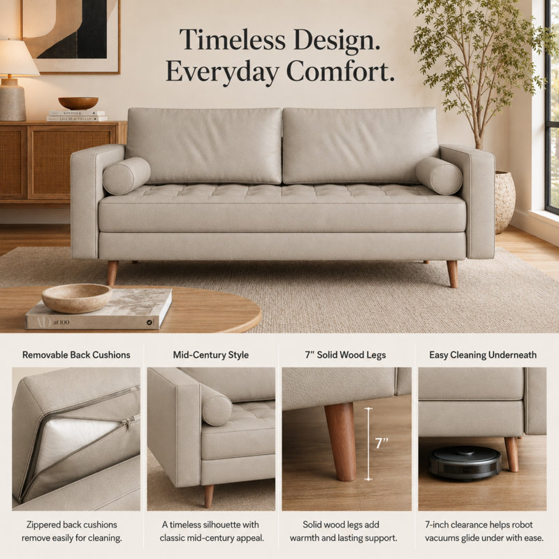 Canapé à accoudoirs carrés en cuir Bridgeview, H 33 po x l 58 po x P 32 po, Cuir végétalien beige
