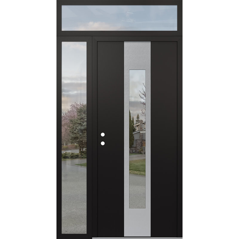 Porte d'entrée avant à panneau en acier argenté Diamond gauche gauche avec panneau latéral et traverse, L 48 po x H 96 po