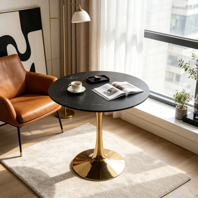 31.5 Inch Mid‑Century Modern Round Tulip Dining Table for 2‑4 Persons, Black Marble Mdf Tabletop Golden Metal Pedestal Base Multi‑Purpose End Coffee Table for Small Spaces Apartment Kitchen