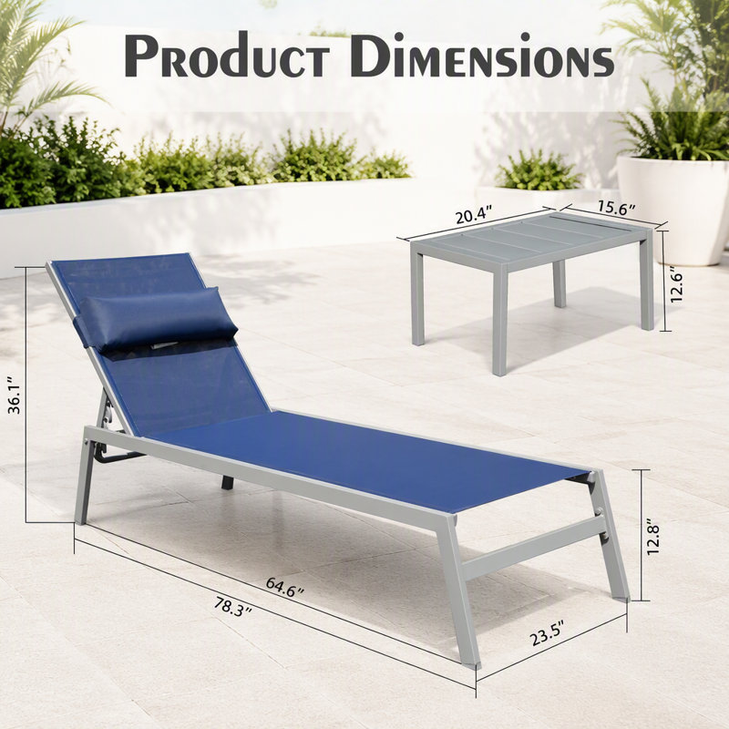 Ensemble de 3 chaises longues de patio, chaises longues de piscine en aluminium avec table d'appoint et fauteuil inclinable réglable