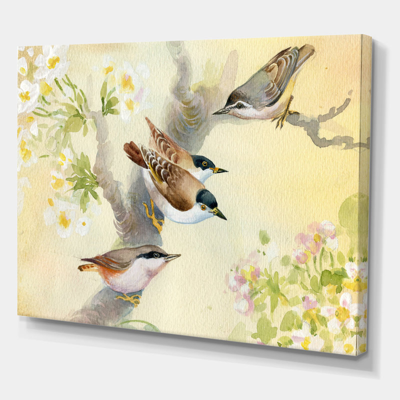 Oiseaux sur un pommier en fleurs - Peinture sur toile, H 30 po x l 40 po x 1,5 po, Toile tendue