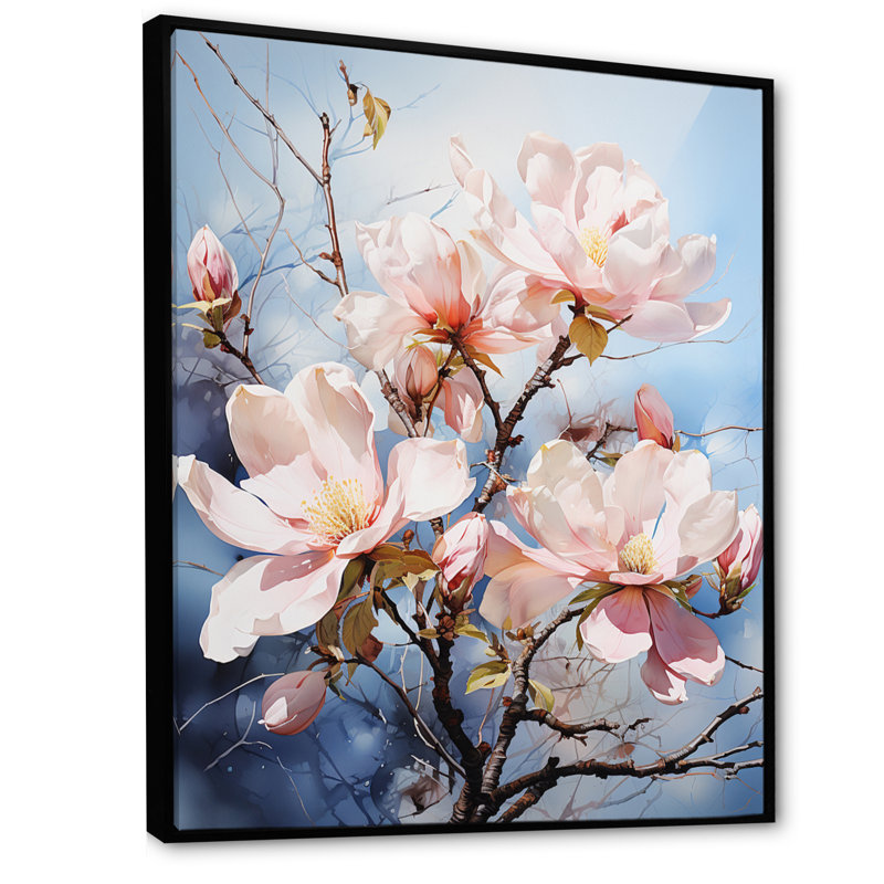 Blanc blanc rose Magnolias Magnolia Whispers II - imprimé, H 32 po x l 24 po x P 1 po, Cadre flottant noir